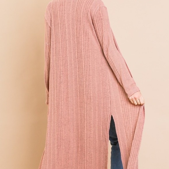 Mauve Ribbed Knit Cardigan Duster Sweater Size S - Picture 3 of 4